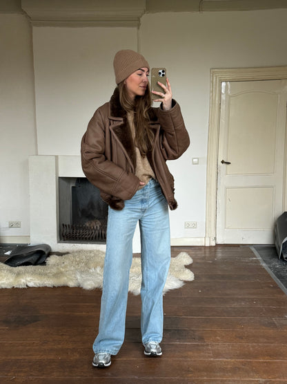 Vintage cropped lammy coat remade reversible bruin maat M-XL