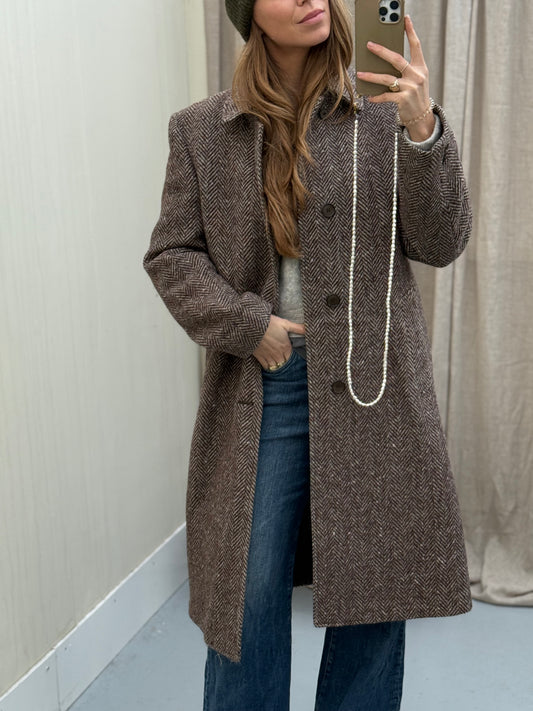 Vintage mantel maxi wollen jas gemêleerd bruin beige