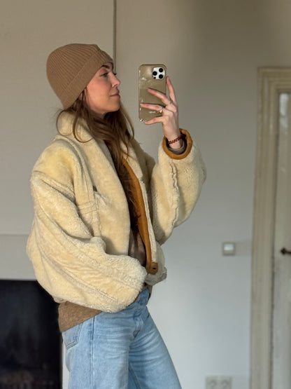 Vintage cropped lammy coat remade reversible bruin maat S-L