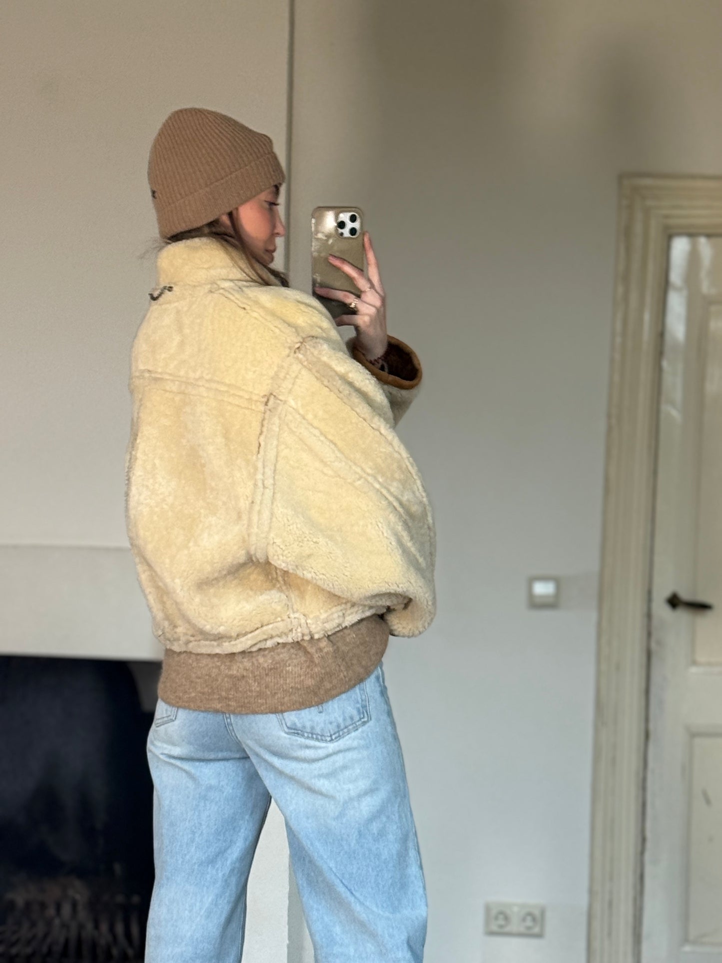 Vintage cropped lammy coat remade reversible bruin maat S-L