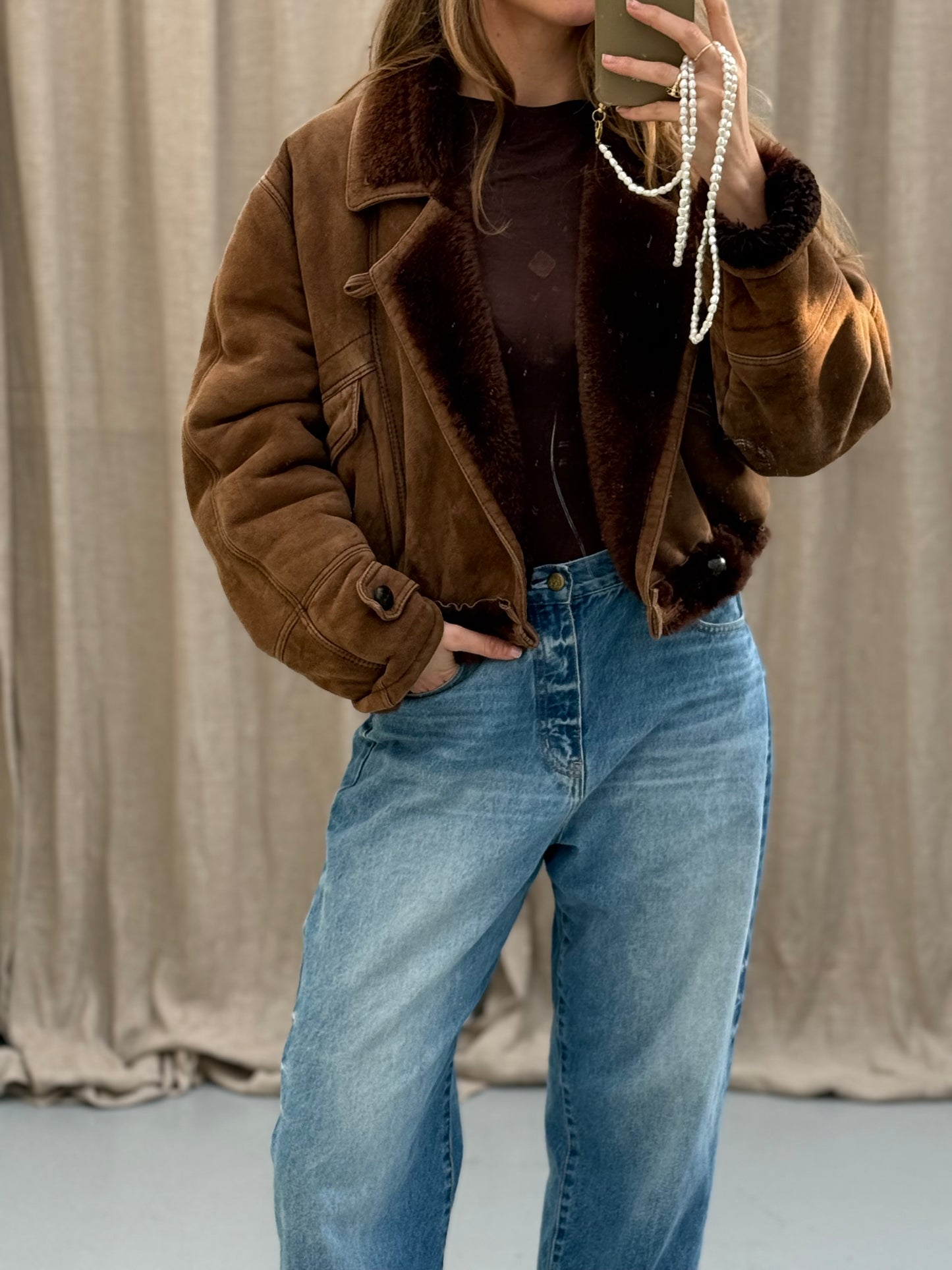 Vintage remade lammy coat cropped bruin maat S-XL