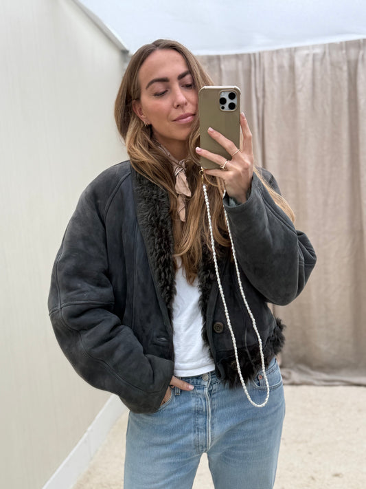 Vintage cropped lammy coat reversible maat M-XL Grijs
