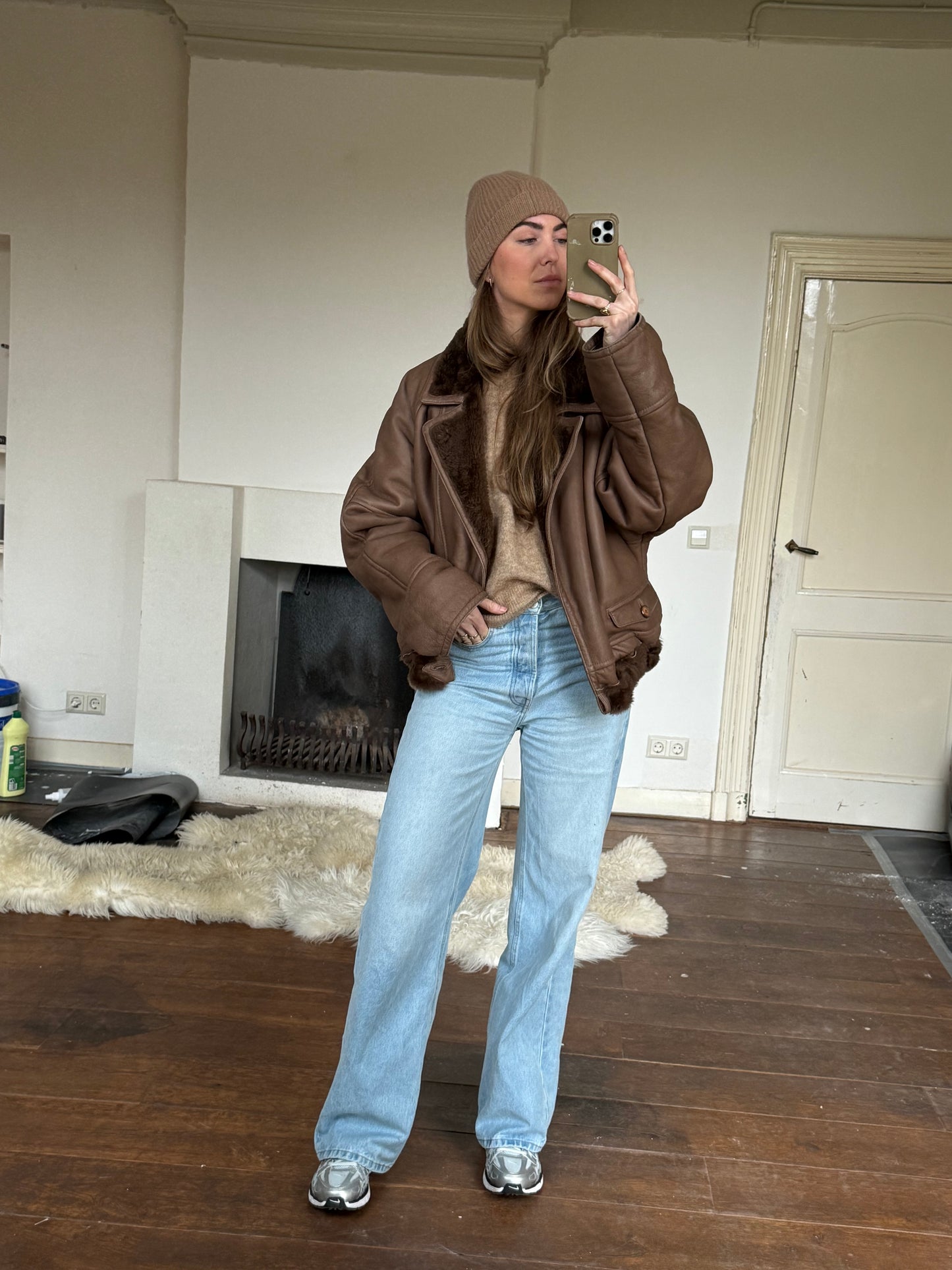 Vintage cropped lammy coat remade reversible bruin maat M-XL