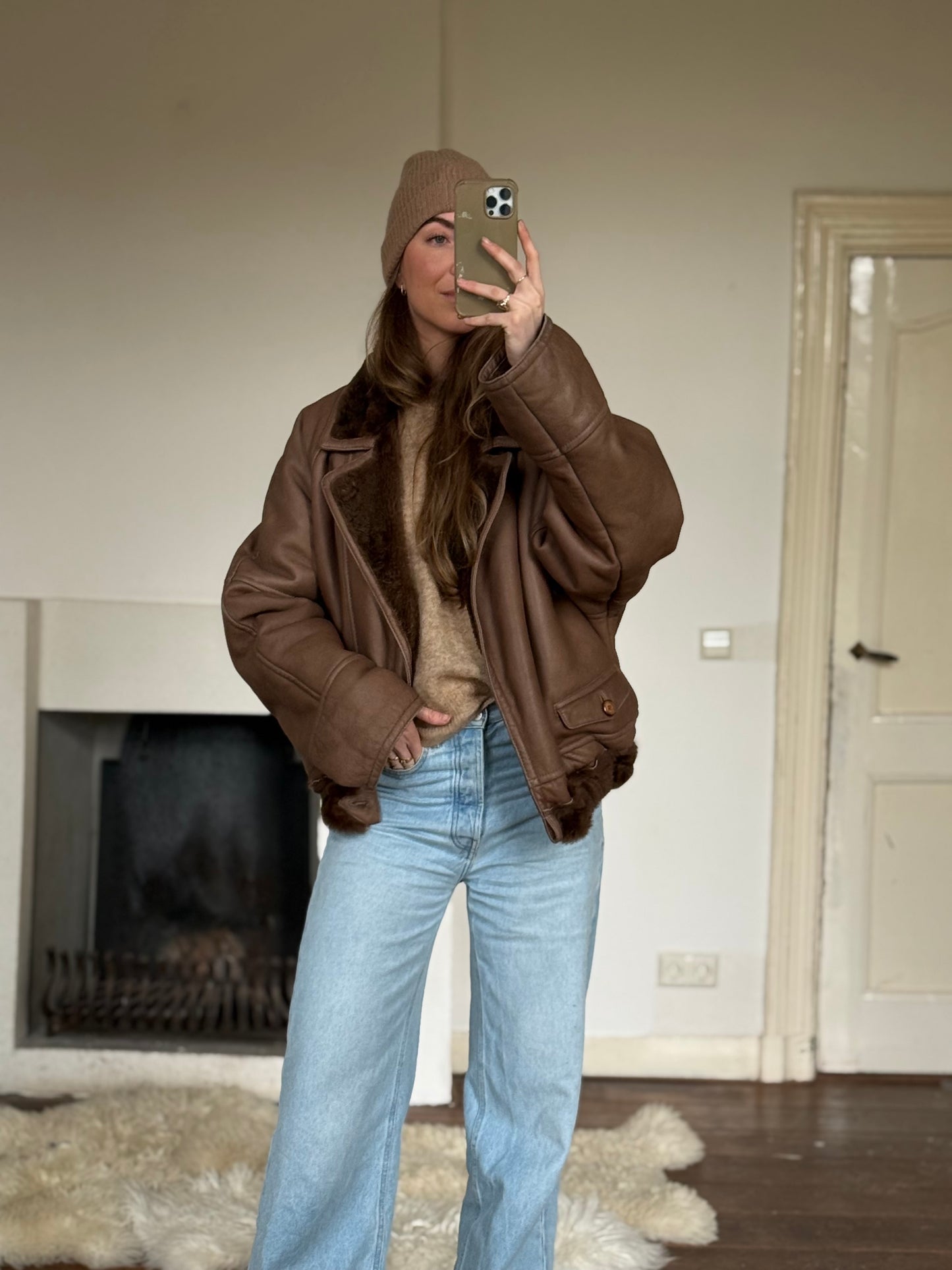 Vintage cropped lammy coat remade reversible bruin maat M-XL