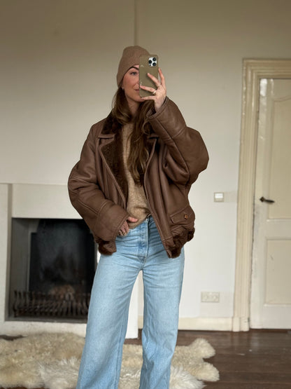 Vintage cropped lammy coat remade reversible bruin maat M-XL