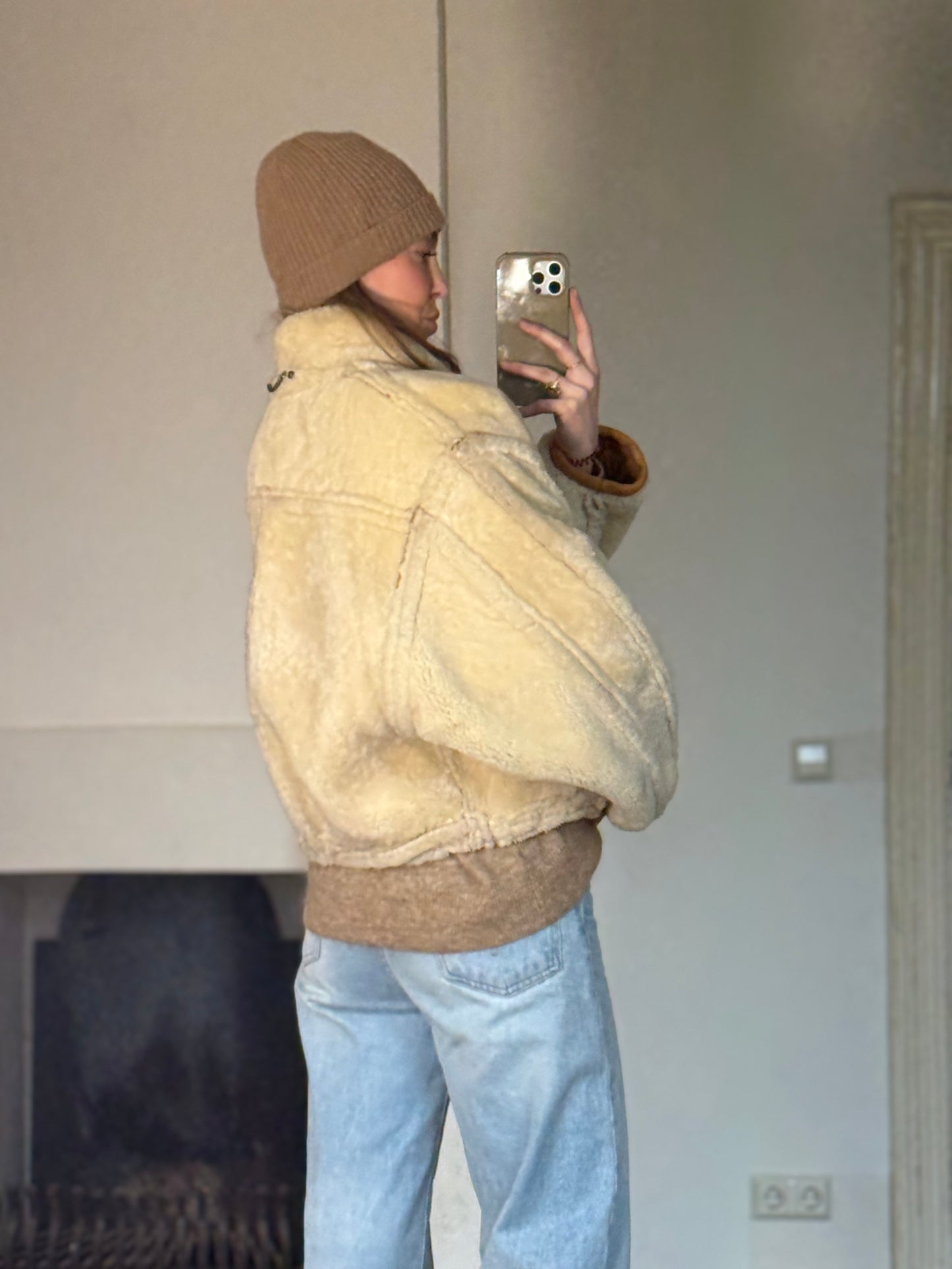 Vintage cropped lammy coat remade reversible bruin maat S-L