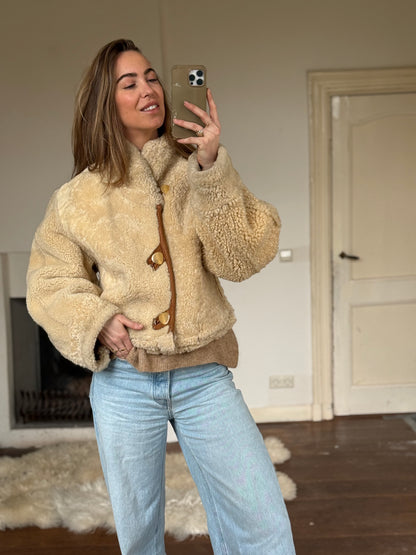 Vintage cropped lammy coat remade reversible bruin maat M-XL