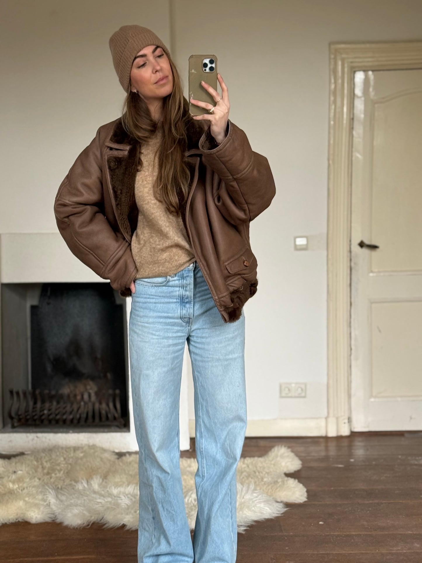 Vintage cropped lammy coat remade reversible bruin maat M-XL