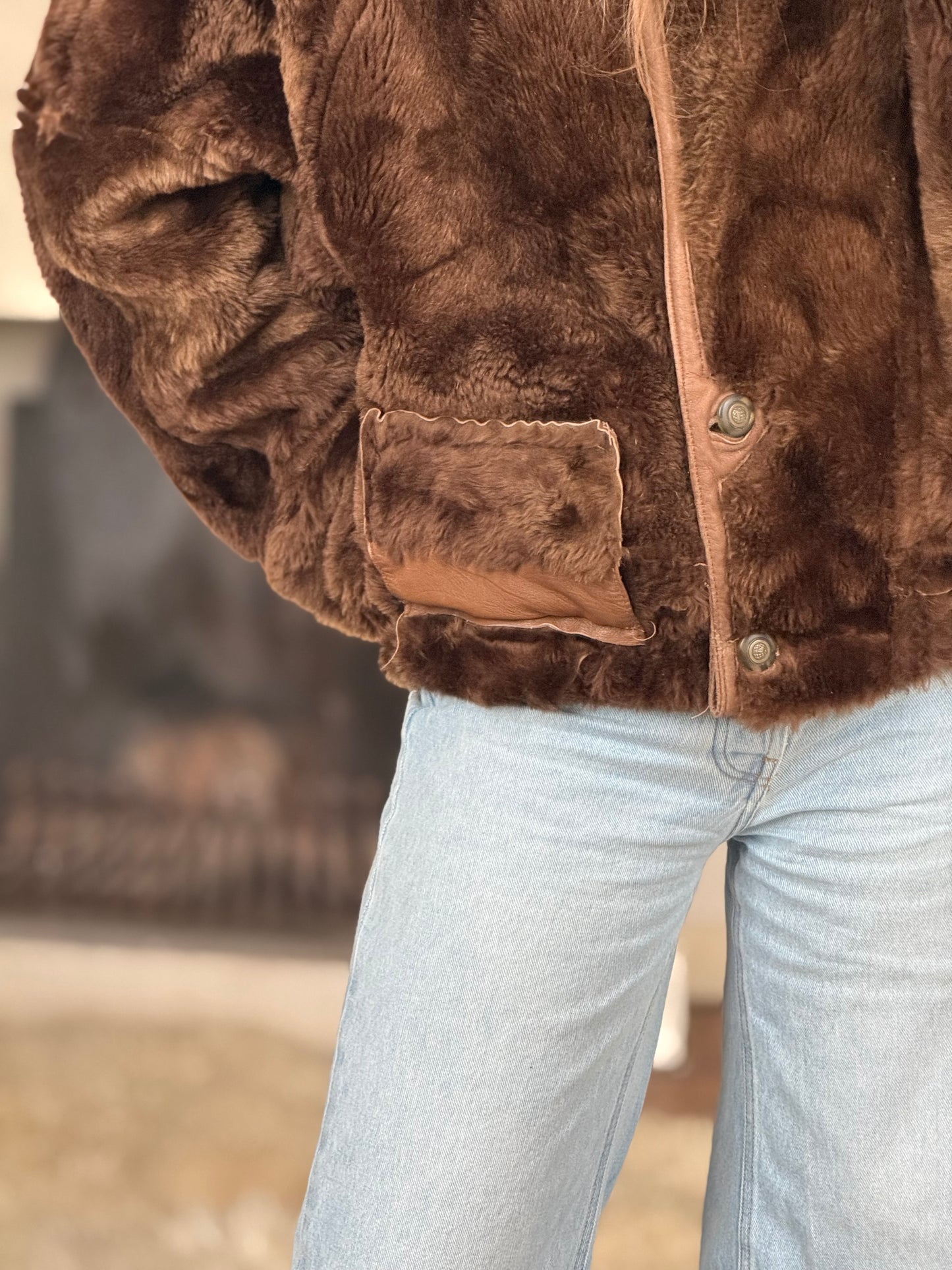 Vintage cropped lammy coat remade reversible bruin maat M-XL