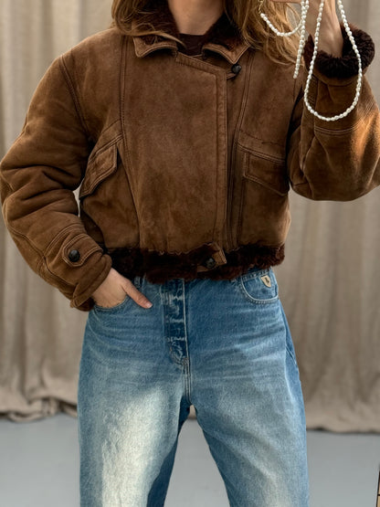 Vintage remade lammy coat cropped bruin maat S-XL