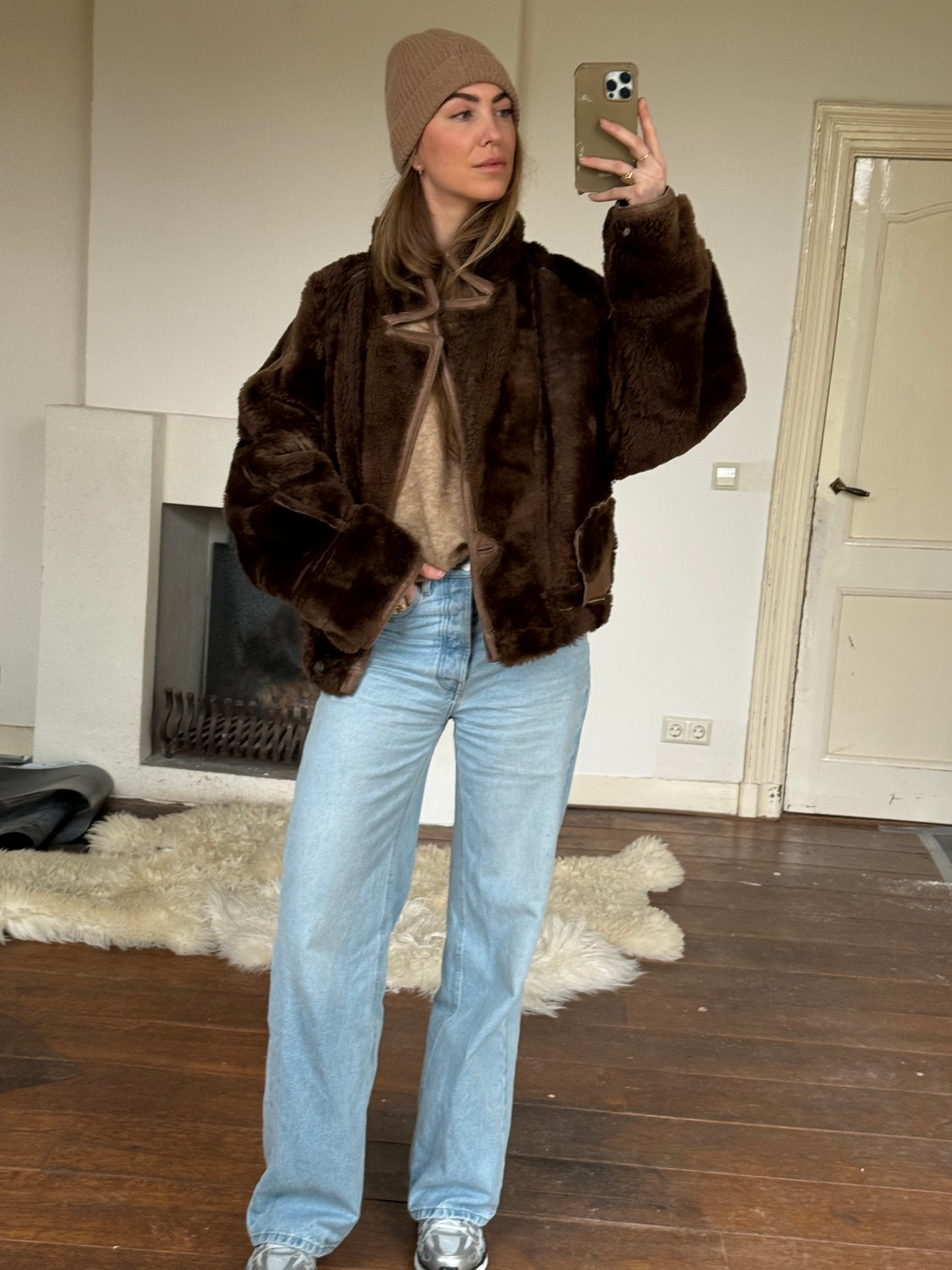 Vintage cropped lammy coat remade reversible bruin maat M-XL