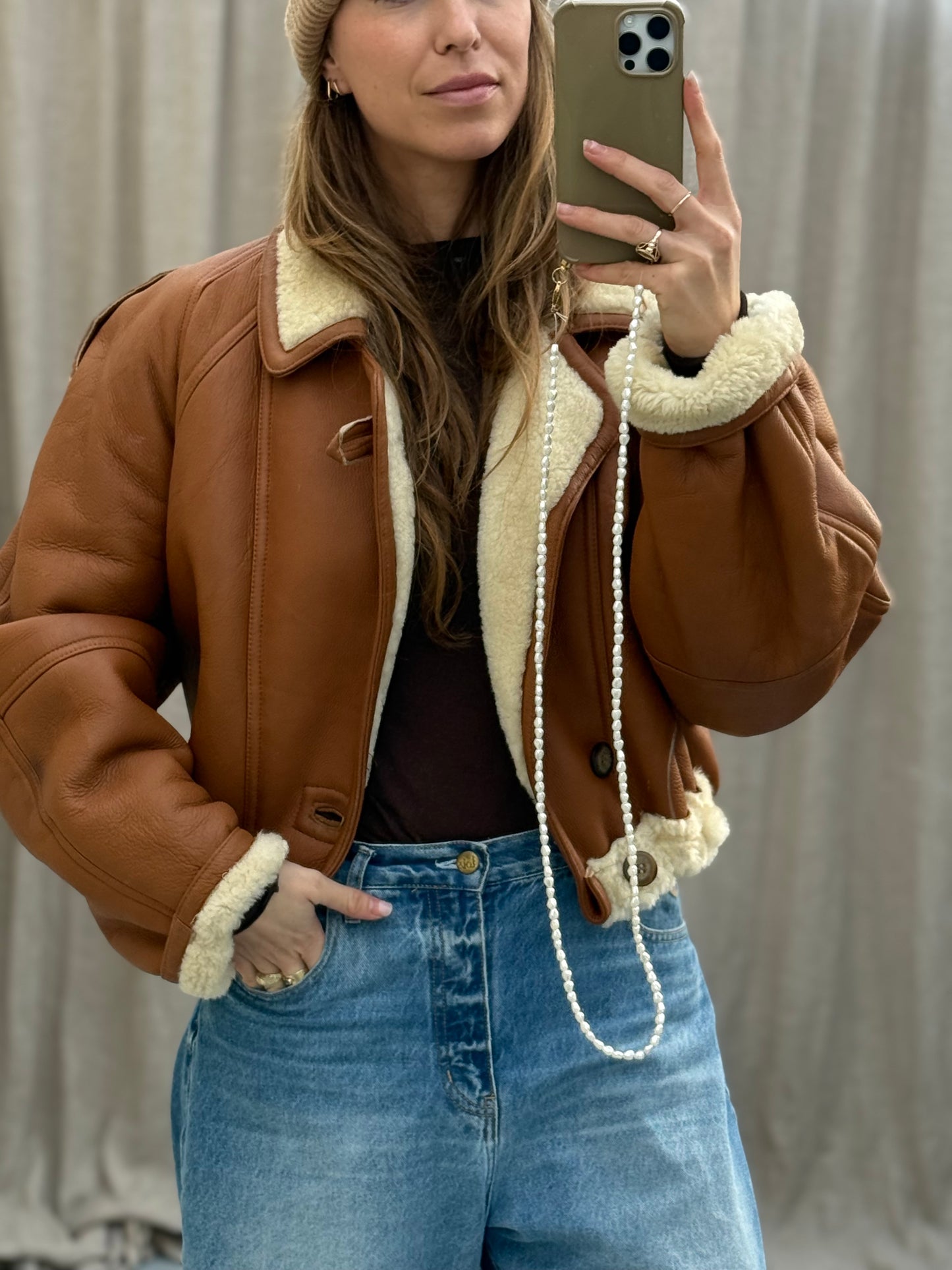 Vintage re-made cropped shearling lammy maat M-XL