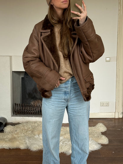 Vintage cropped lammy coat remade reversible bruin maat M-XL