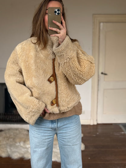 Vintage cropped lammy coat remade reversible bruin maat M-XL