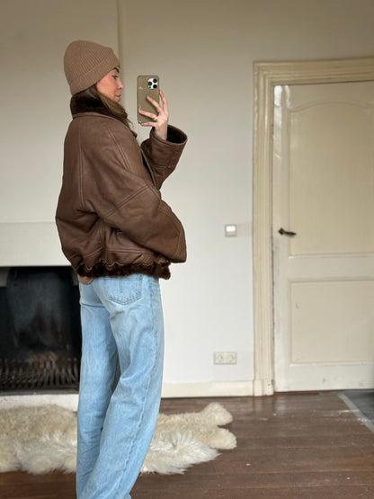 Vintage cropped lammy coat remade reversible bruin maat M-XL