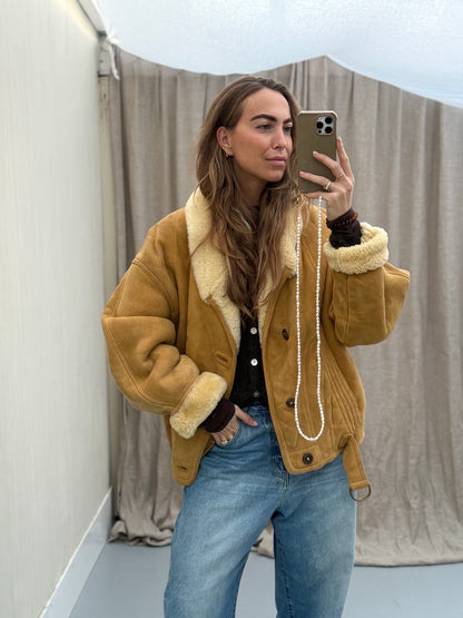 Vintage lammy coat okergeel sheepskin maat 52