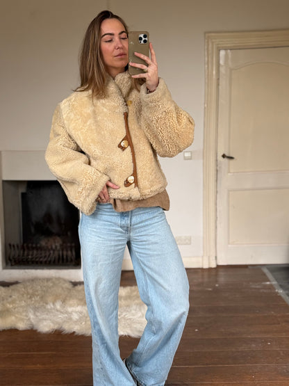 Vintage cropped lammy coat remade reversible bruin maat M-XL