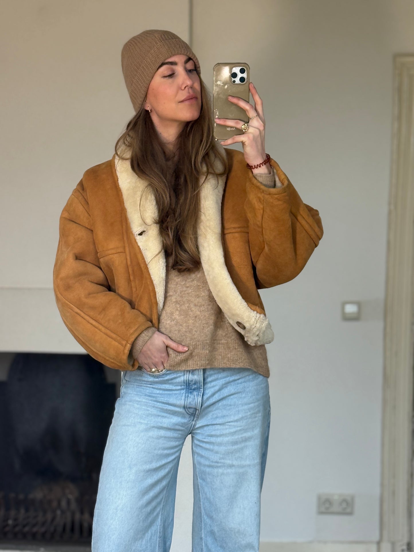 Vintage cropped lammy coat remade reversible bruin maat S-L