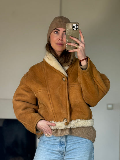 Vintage cropped lammy coat remade reversible bruin maat S-L
