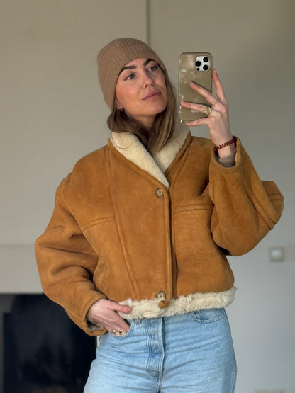 Vintage cropped lammy coat remade reversible bruin maat S-L