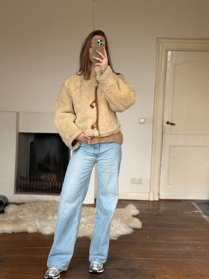 Vintage cropped lammy coat remade reversible bruin maat M-XL