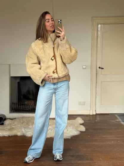 Vintage cropped lammy coat remade reversible bruin maat M-XL