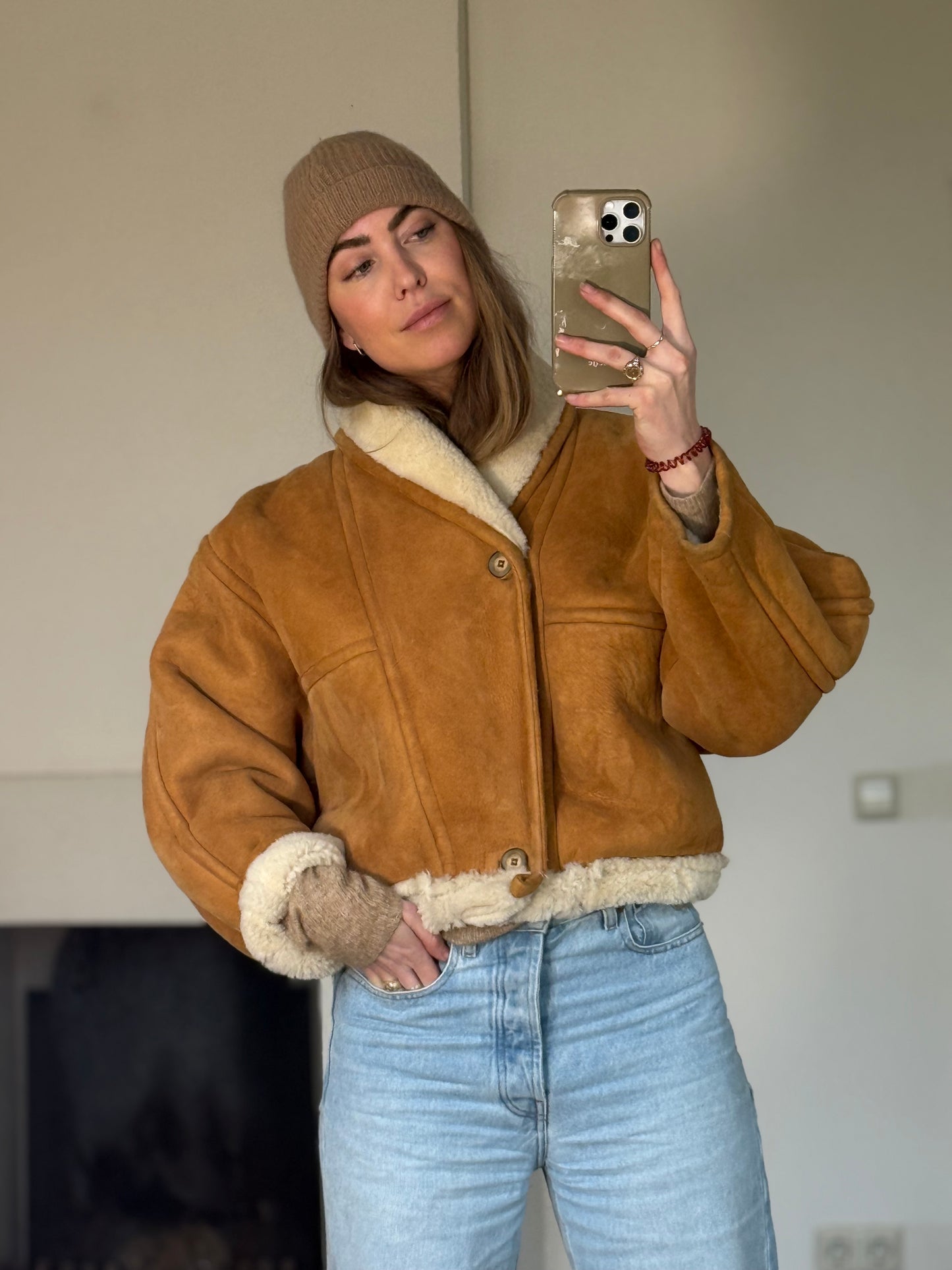 Vintage cropped lammy coat remade reversible bruin maat S-L