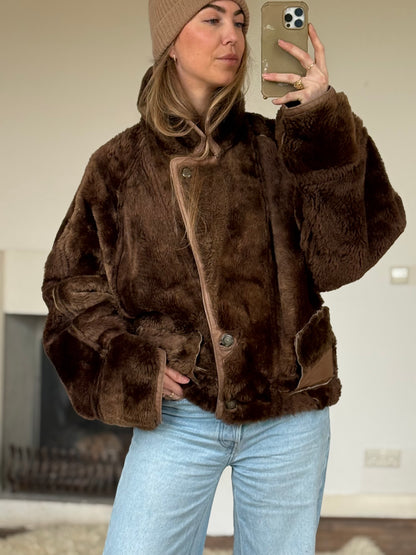 Vintage cropped lammy coat remade reversible bruin maat M-XL