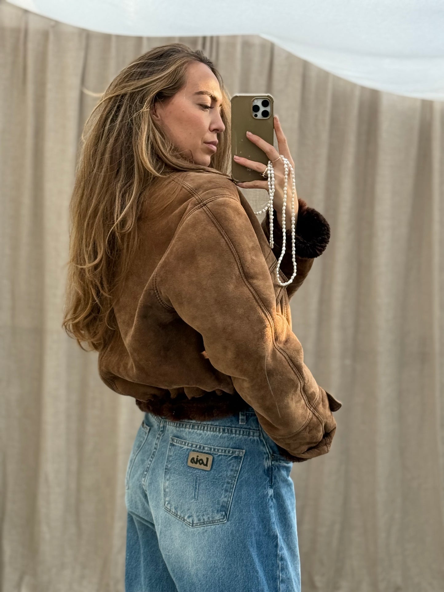 Vintage remade lammy coat cropped bruin maat S-XL