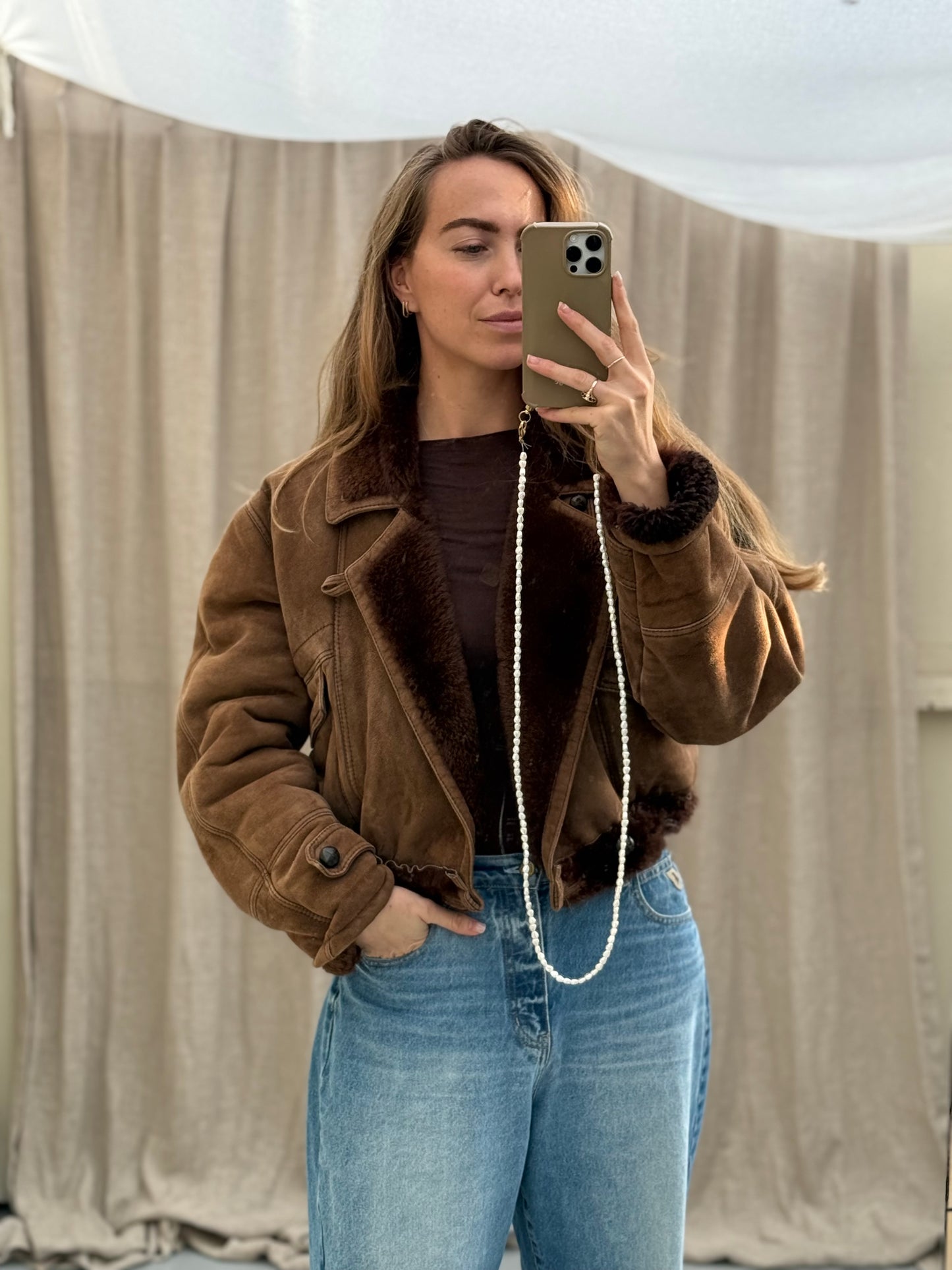 Vintage remade lammy coat cropped bruin maat S-XL