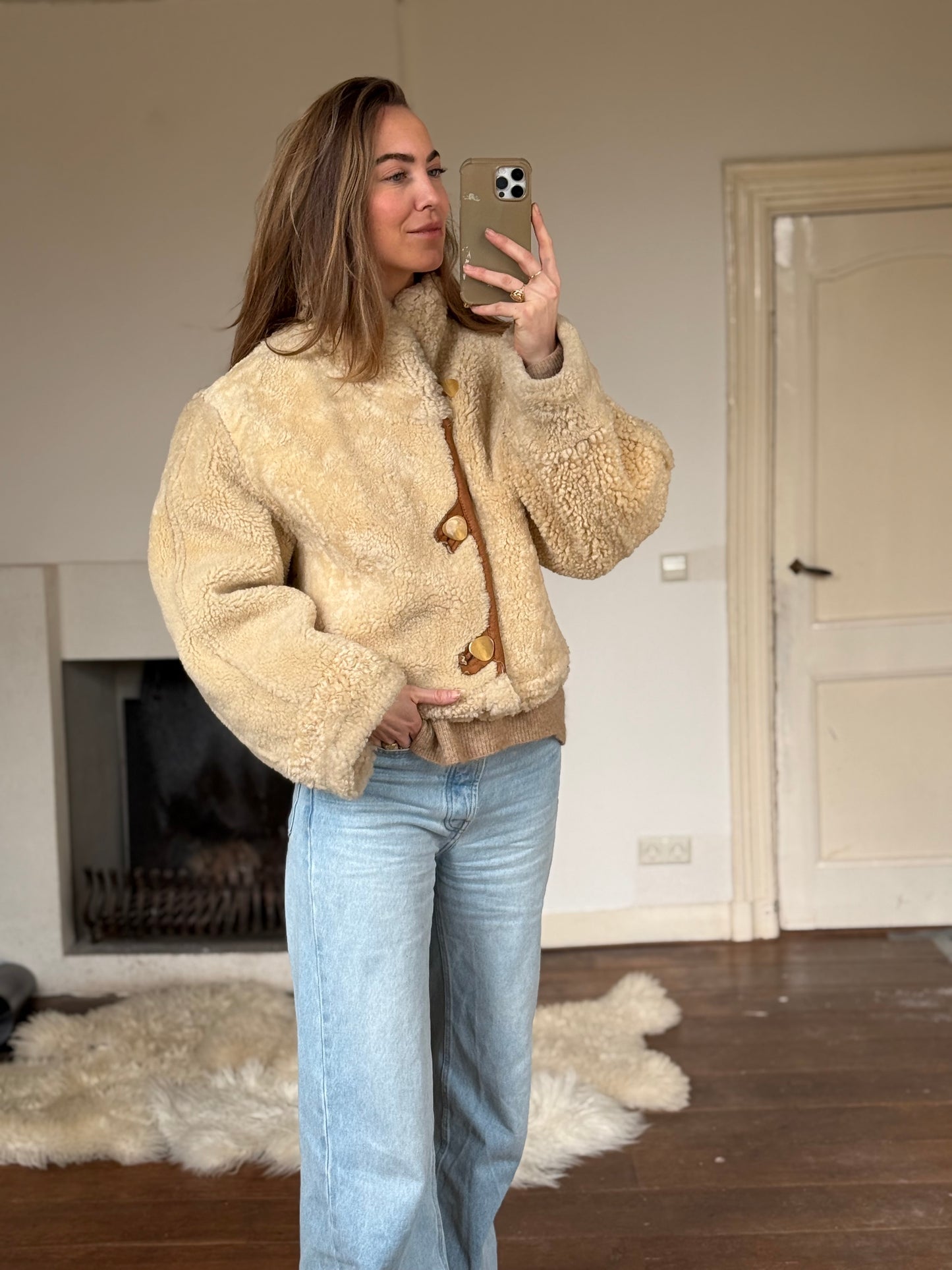 Vintage cropped lammy coat remade reversible bruin maat M-XL