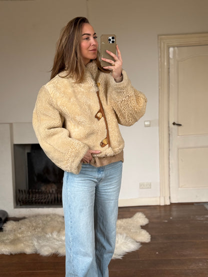 Vintage cropped lammy coat remade reversible bruin maat M-XL