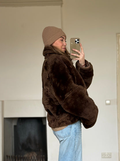 Vintage cropped lammy coat remade reversible bruin maat M-XL