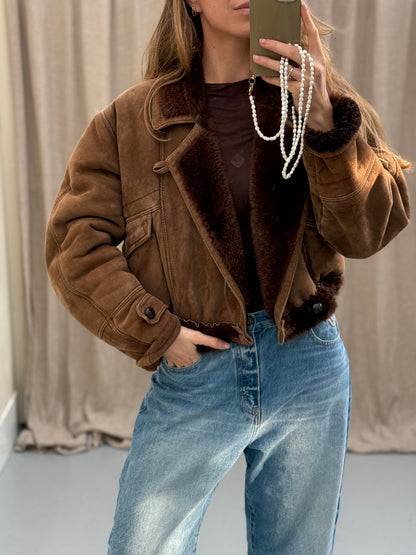 Vintage remade lammy coat cropped bruin maat S-XL