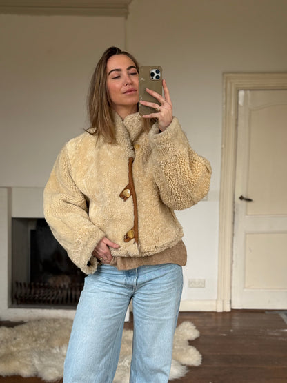 Vintage cropped lammy coat remade reversible bruin maat M-XL