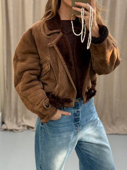 Vintage remade lammy coat cropped bruin maat S-XL