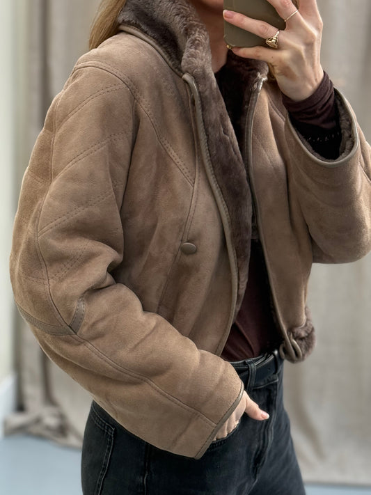 Vintage cropped remade lammy coat bruin taupe maat S-L