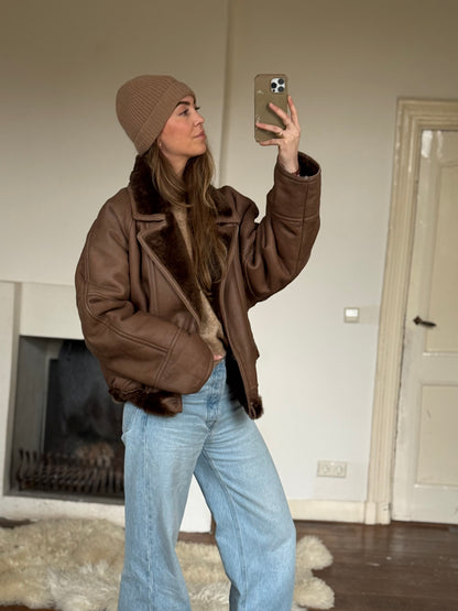 Vintage cropped lammy coat remade reversible bruin maat M-XL