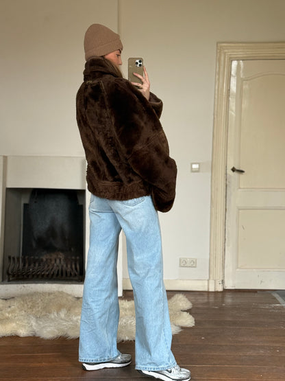 Vintage cropped lammy coat remade reversible bruin maat M-XL