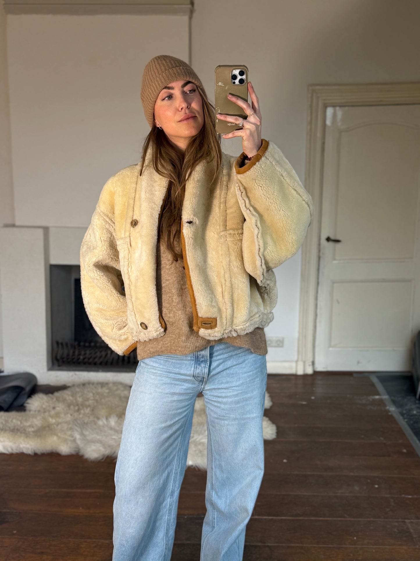 Vintage cropped lammy coat remade reversible bruin maat S-L