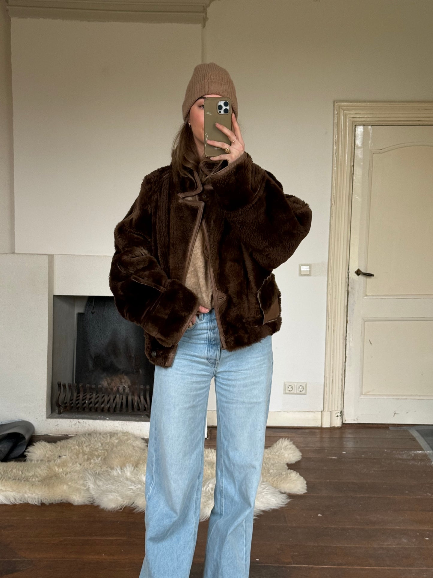 Vintage cropped lammy coat remade reversible bruin maat M-XL