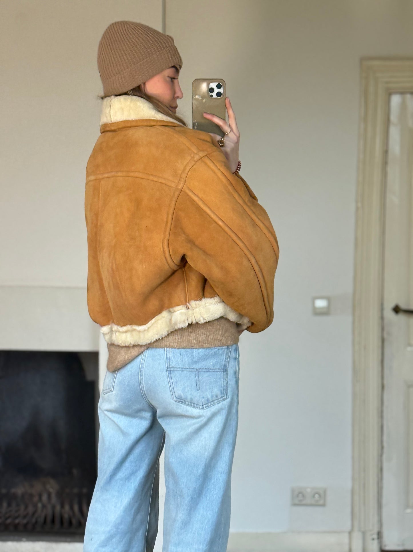 Vintage cropped lammy coat remade reversible bruin maat S-L