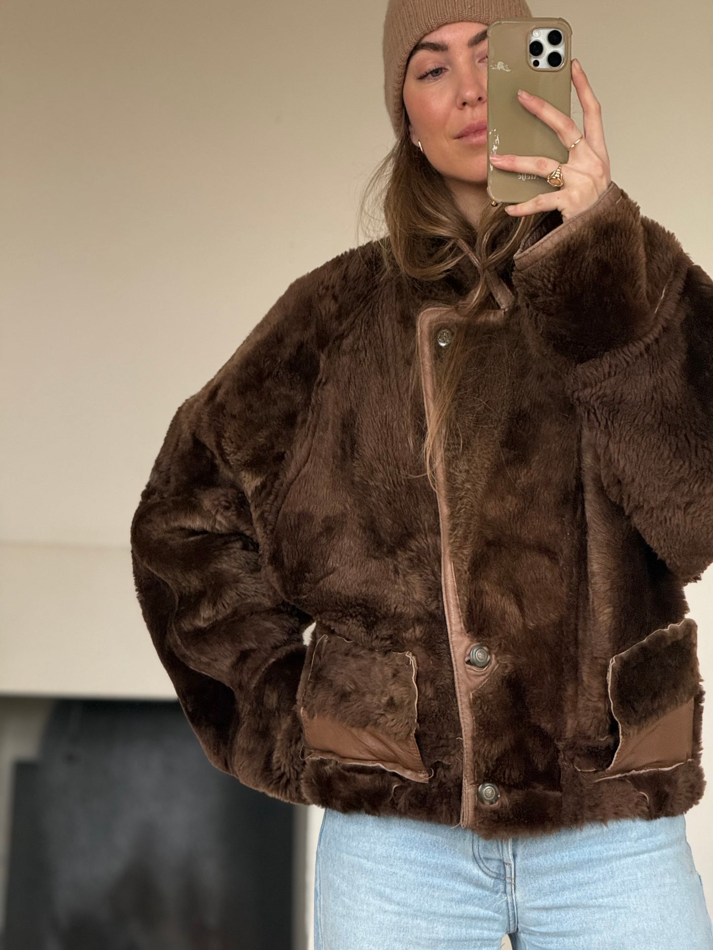 Vintage cropped lammy coat remade reversible bruin maat M-XL