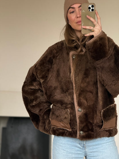 Vintage cropped lammy coat remade reversible bruin maat M-XL