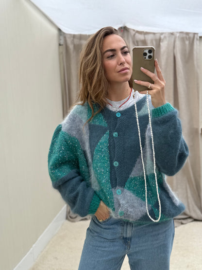 Vintage cardigan Turquoise handgemaakt one size gebreid knit