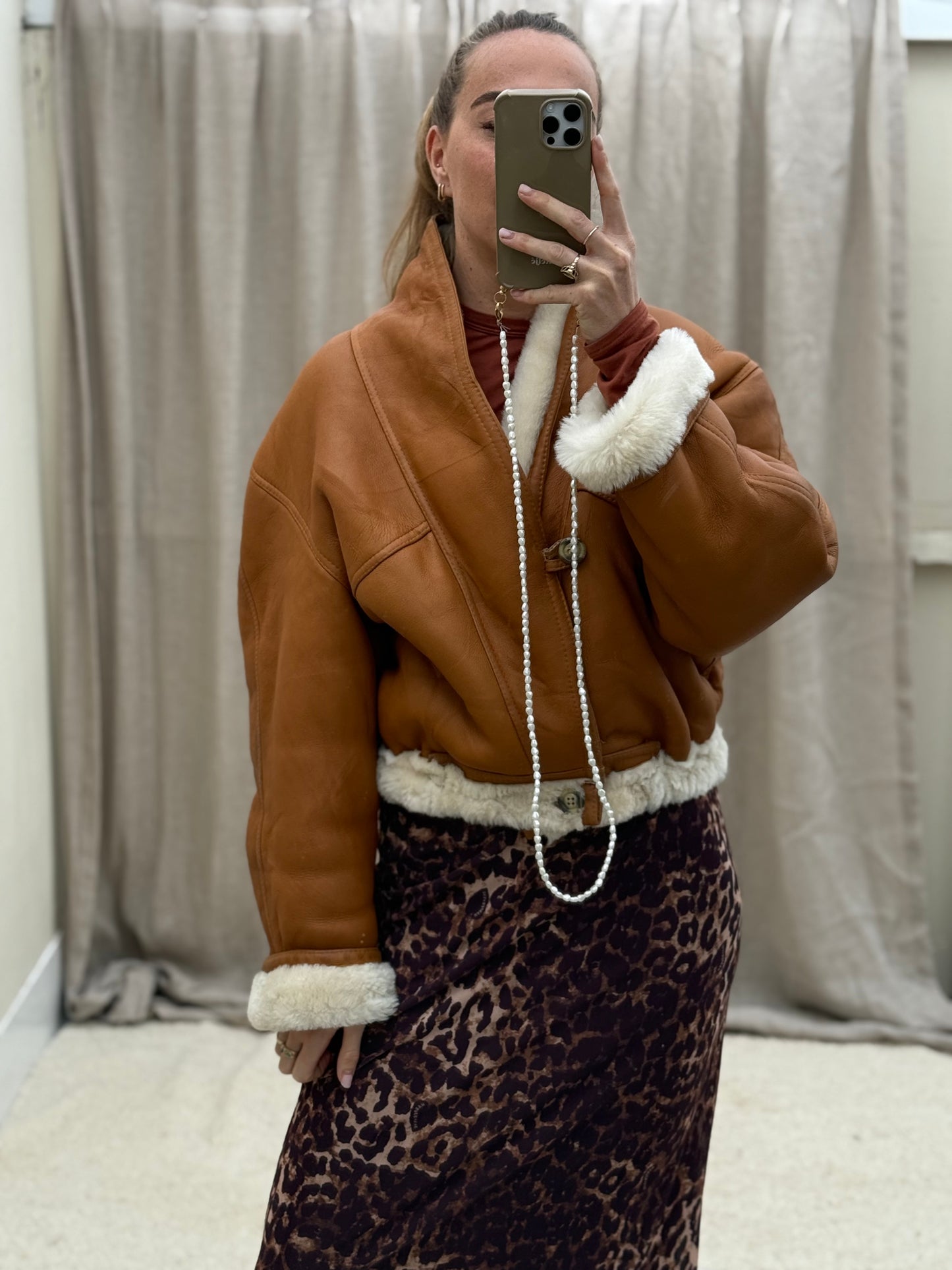 Vintage cropped lammy coat cognac beige