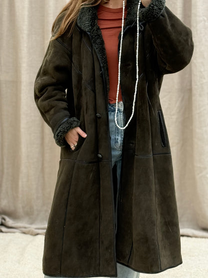 Vintage lammy coat shearling groen lange jas maxi coat capuchon