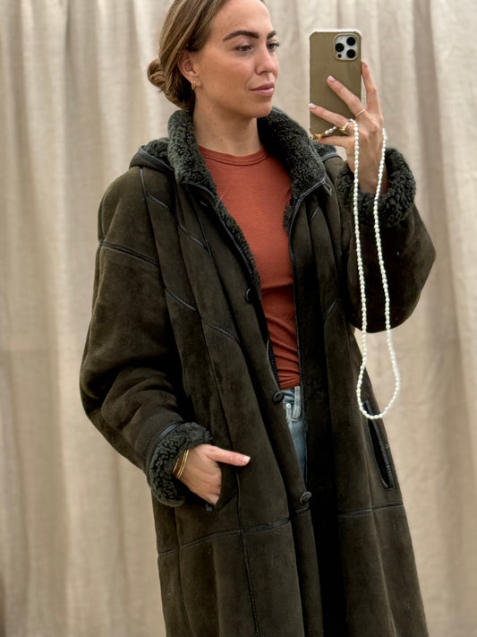 Vintage lammy coat shearling groen lange jas maxi coat capuchon