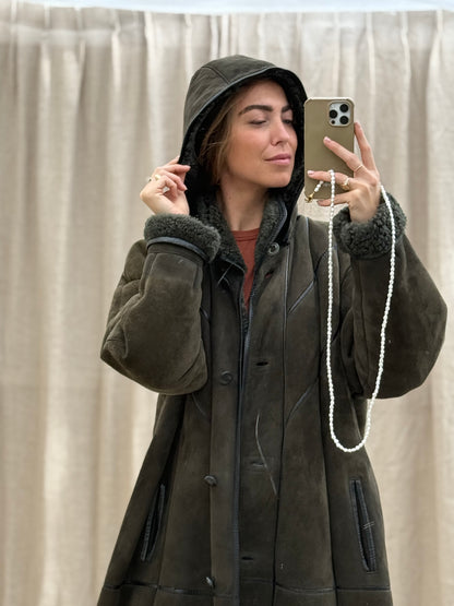 Vintage lammy coat shearling groen lange jas maxi coat capuchon