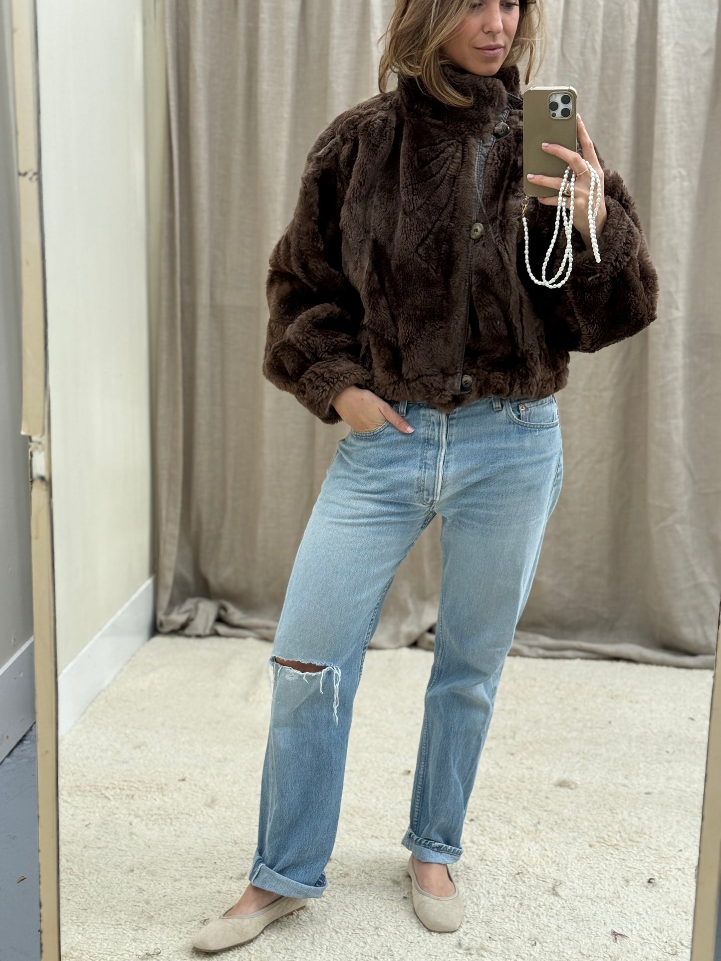 Vintage cropped lammy coat donkerbruin reversible